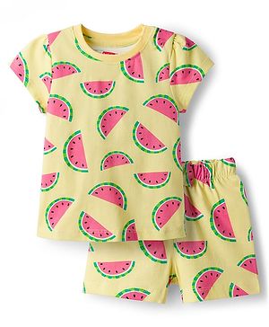 Babyhug Cotton Knit Half Sleeves Co-ords T-Shirt & Shorts Night Suit with Watermelon Print - Yellow