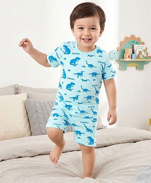 Babyhug Cotton Knit Half Sleeves Co-ords T-Shirt & Shorts Night Suit with Dino Print - Blue