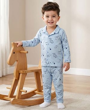 Babyhug Cotton Knit Full Sleeves Shirt & Pyjama Co-ord Night Suit With Animal Print - Light Blue