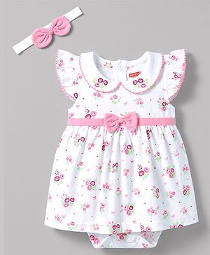 Babyhug 100% Cotton Knit Sleeveless Floral Printed Frock Style Onesie With Headband - White & Pink
