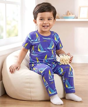 Babyhug Cotton Knit Half Sleeves Co-ords T-Shirt & Pajama Night Suit with Ship Print - Navy Blue