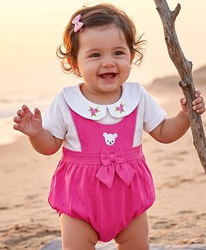 Babyhug 100% Cotton Knit Half Sleeves Onesie with Floral Embroidery & Bow Applique - Pink & White