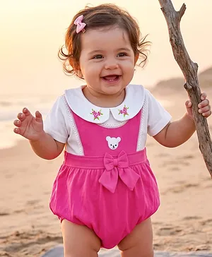 Babyhug 100% Cotton Knit Half Sleeves
                              Onesie with Floral Embroidery & Bow
                              Applique - Pink & White
