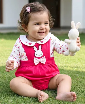 Babyhug 100% Cotton Knit Full Sleeves
                              Floral & Bunny Printed Onesie with
                              Hairband - Dark Pink & White
