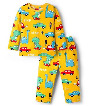 Babyhug Cotton Knit Full Sleeves Co-ords T-Shirt & Pajama Night Suit with Dino Print - Yellow