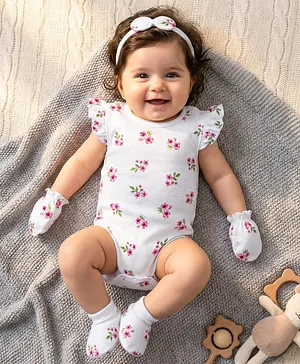 Babyhug 100% Cotton Knit Frill
                              Sleeves Floral Print Onesie with Hairband
                              Mittens & Booties - White