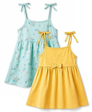 Babyhug Cotton Knit Sleeveless Frock Style Onesie with Headband, Booties, Mittens & Bow Print Multi Color 0-0 Months