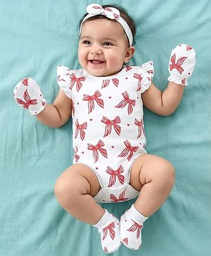 Babyhug 100% Cotton Knit Sleeveless Bow Printed Onesies With Headband Booties & Mitten - Multicolour