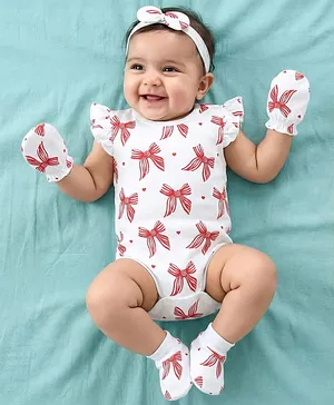 Babyhug 100% Cotton Knit Sleeveless
                              Bow Printed Onesies With Headband Booties
                              & Mitten - Multicolour