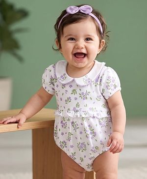 Babyhug 100 % Cotton Knit Half Sleeves Floral Printed Onesies with Hairband - White & Purple