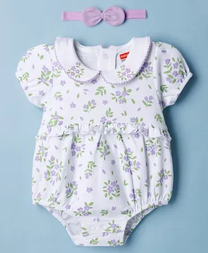 Babyhug 100 % Cotton Knit Half
                              Sleeves Floral Printed Onesies with
                              Hairband - White & Purple