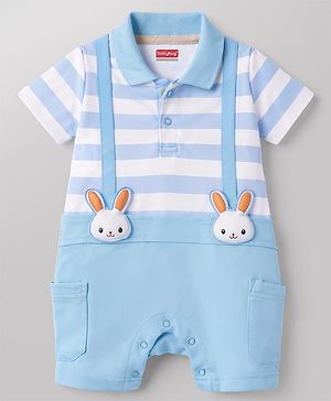 Babyhug 100% Cotton Knit Half Sleeves Striped Polo Romper with Bunny Applique - Multicolor