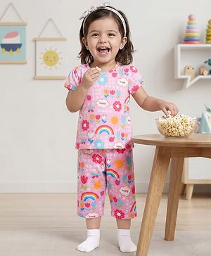 Babyhug Cotton Knit Half Sleeves Rainbow Printed Co-Ord T-Shirt & Capri Night Suit Set -Pink