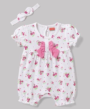 Babyhug 100% Cotton Knit Half Sleeves Floral Printed Romper With Bow Applique & Headband - White