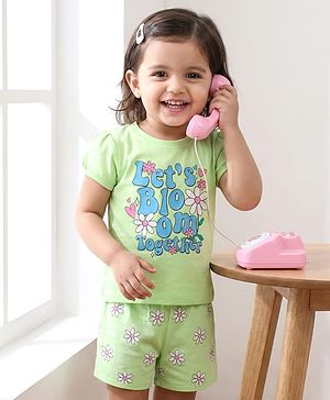 Babyhug Cotton Knit Half Sleeves T-Shirt & Shorts Night Suit With Floral Print - Green