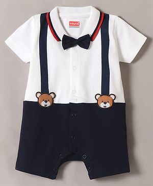Babyhug 100% Cotton Knit Half Sleeves Romper with Friend Print & Patch Detailing - Navy Blue & White