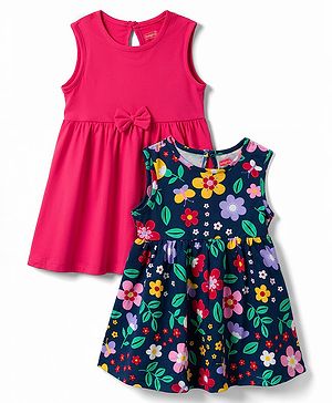 Babyhug Single Jersey Knit Sleeveless Frocks with Floral Print & Bow Applique Pack of 2 - Multicolor