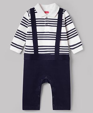 Babyhug 100% Cotton Knit Full Sleeves Striped Romper with Tie - White & Navy