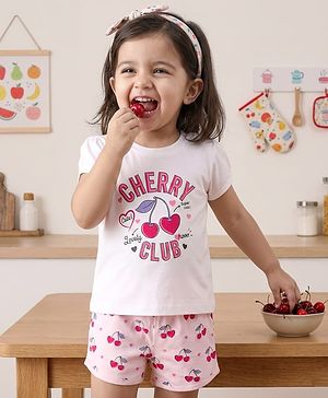 Babyhug Cotton Knit Half Sleeves T-Shirt & Shorts Night Suit with Cherry Print - White