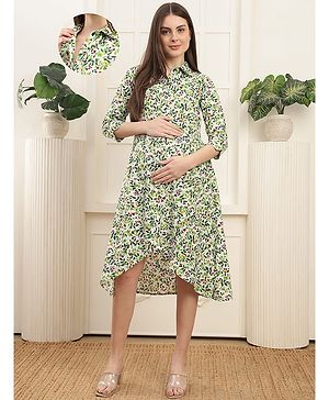 COLOR STUDIO Cotton Woven Three Fourth Sleeves Floral Printed Maternity Dress With Front Open Nursing Access - Green