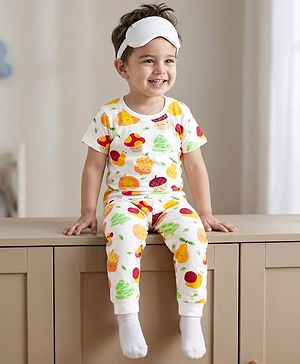 Babyhug Cotton Knit Half Sleeves T-Shirt &  Pyjama Co-Ord Night Suit Set with Snail Print - White