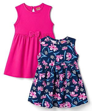 Babyhug Single Jersey Knit Sleeveless Frocks with Floral Print & Bow Applique Pack of 2 - Multicolor