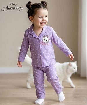 Babyhug Disney Single Jersey Knit Full Sleeves Co-ords Shirt & Pajama Night Suit with Marie Print - Lavender
