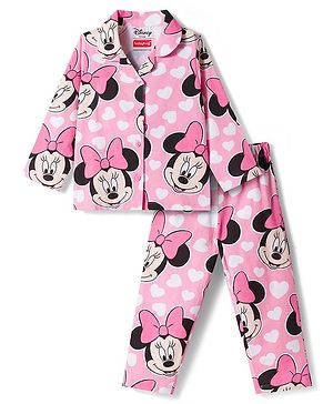 Babyhug Disney 100% Cotton Knit Full Sleeves Co-Ords Front Open Shirt & Pyjama Night Suit With Minnie Mouse Print - Pink