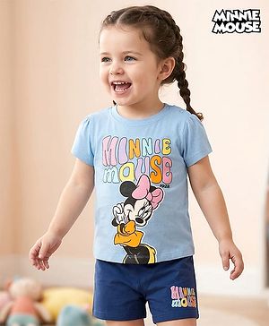 Babyhug Disney Single Jersey Knit Half Sleeves T-Shirt & Shorts Night Suit Set with Minnie Mouse Graphic- Light Blue