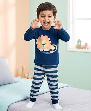 Babyhug Cotton Knit Full Sleeves Lion Printed T-Shirt & Stripped Pyjama Night Suit Set - Navy Blue