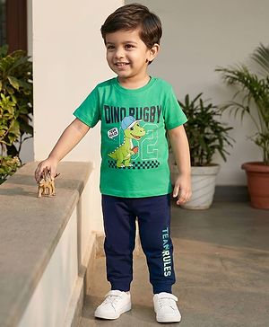 Babyhug Cotton Knit Half Sleeves T-Shirt & Pyjama Night Suit With Dino Print - Green