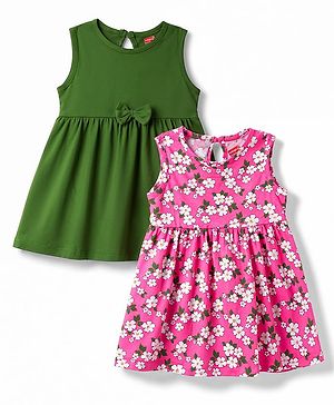 Babyhug 100% Cotton Knit Sleeveless Solid & Floral Printed Frocks With Bow Applique Pack Of 2 - Green & Dark Pink