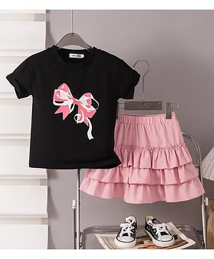 Mark & Mia Cotton Half Sleeves
                              Top & Skirt Set with Bow Print -
                              Black