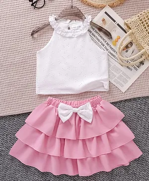 Mark & Mia Sleeveless Schiffili
                              Top & Skirt Set with Bow Applique -
                              Pink & White