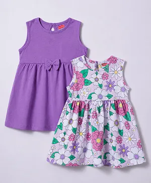 Babyhug 100% Cotton Knit Sleeveless Floral Printed Frock With Bow Applique Pack Of 2 - Multicolor