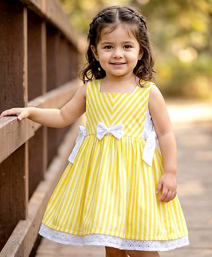 Babyhug Cotton Woven Sleeveless Striped Frock with Bow Applique - Yellow