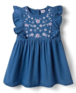 Babyhug Denim Woven Antibacterial Sleeveless Floral Embroidered Frock with Frill Detailing - Blue