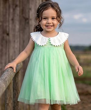 Babyhug Cotton Woven Sleeveless A Line Frock with Lace Detailing - Sea Green