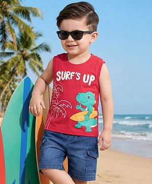 Babyhug Single Jersey Knit Sleeveless Text & Dino Printed T-Shirt & Denim Shorts with Cargo Pockets - Red & Blue