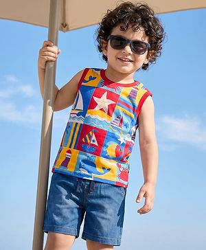 Babyhug Single Jersey Knit Sleeveless T-Shirt & Denim Shorts Set with Nautical Theme Print - Blue