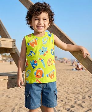 Babyhug Single Jersey Knit Sleeveless Alphabet Printed T-Shirt & Denim Shorts Set - Green & Blue
