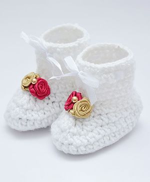 Love Crochet Art Booties With Flowers Applique - Pink & Golden