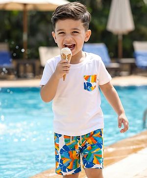 Babyhug Single Jersey Knit Half Sleeves T-Shirt & Shorts Set with Leaf Print - White
