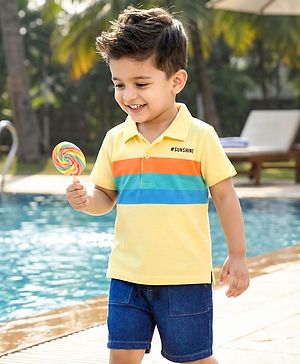 Babyhug Single Jersey Knit Half Sleeves Polo T-Shirt & Denim Shorts Set with Sunshine Print & Stripes - Yellow & Blue