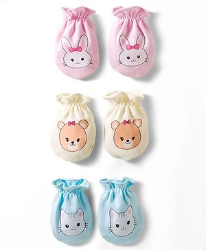 Babyhug 100% Cotton Knit Mittens With Animal Print Pack of 3 - Multicolor