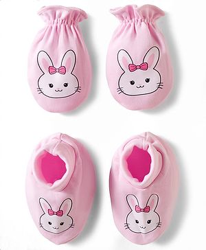 Babyhug 100% Cotton Knit Mittens & Booties With Bunny Print - Multicolor