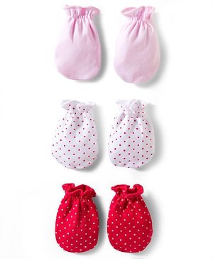 Babyhug 100% Cotton Knit Solid & Polka Dots Printed Mittens Pack Of 3 - Multicolour