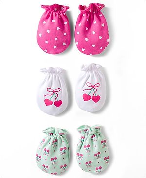 Babyhug 100% Cotton Mittens With Heart Print Pack of 3 - Multicolor