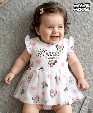 Babyhug Disney Interlock Knit Frill
                              Sleeves Frock Style Onesies with Mesh
                              Detailing & Minnie Mouse Graphic -
                              White