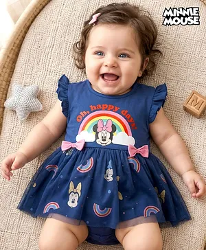 Babyhug Disney Interlock Knit Frill
                              Sleeves Onesies with Mesh Detailing &
                              Minnie Mouse Graphic -Navy Blue